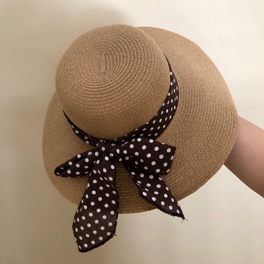 Sun Hat with Brown Polka Dot Ribbon